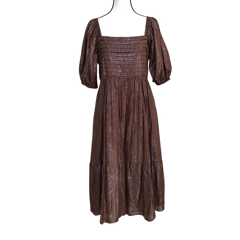 LC Lauren Conrad Midi Dress Womens L Brown Metallic Puff Sleeve Tiered Smocked